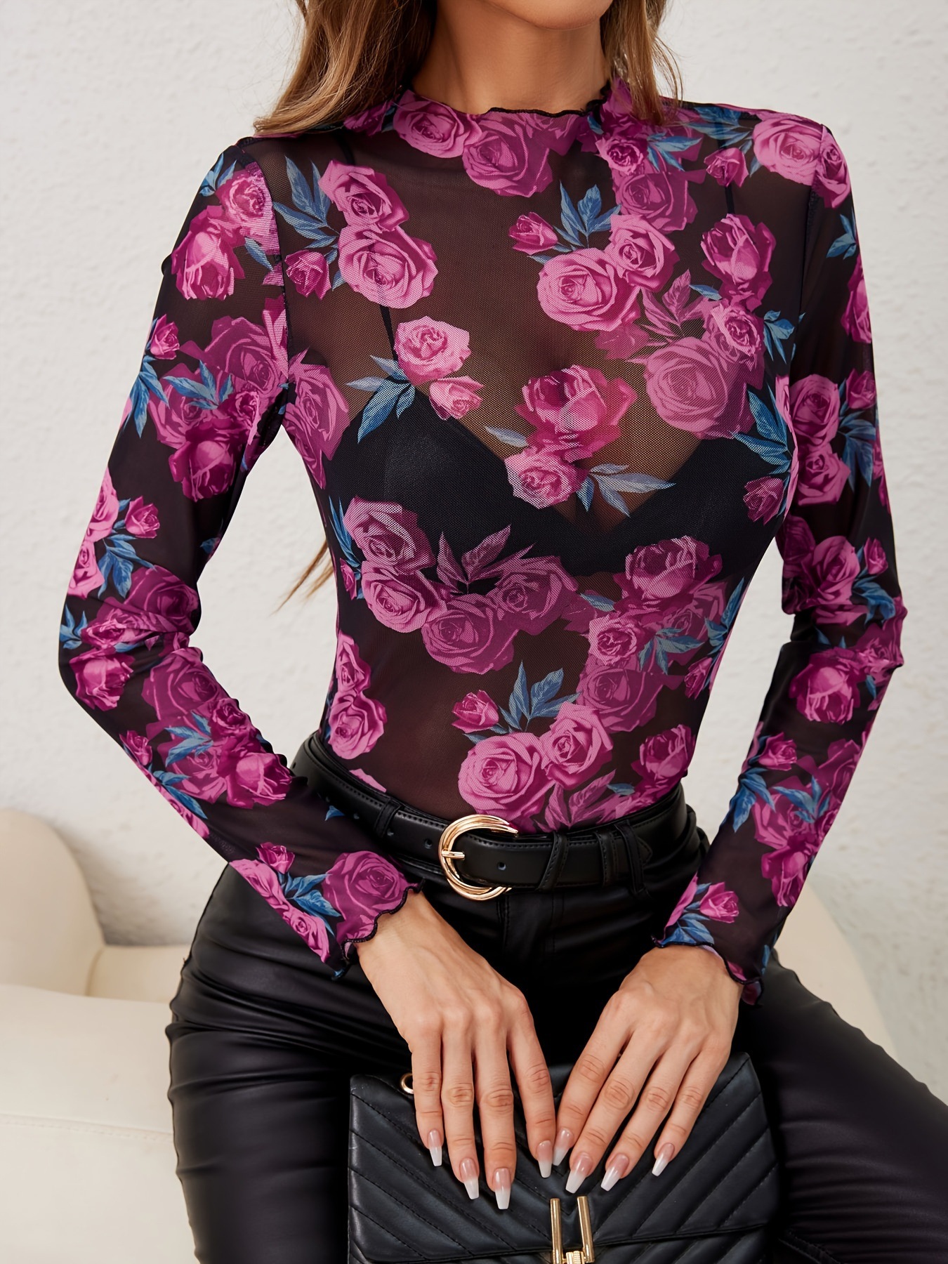 Womens Floral Mesh Top Fashion Bodycon Long Sleeve T-shirt Female Clothing